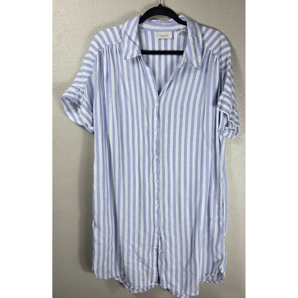 Ecothreads Blue White Stripe Linen Blend Button Front Shirt Dress